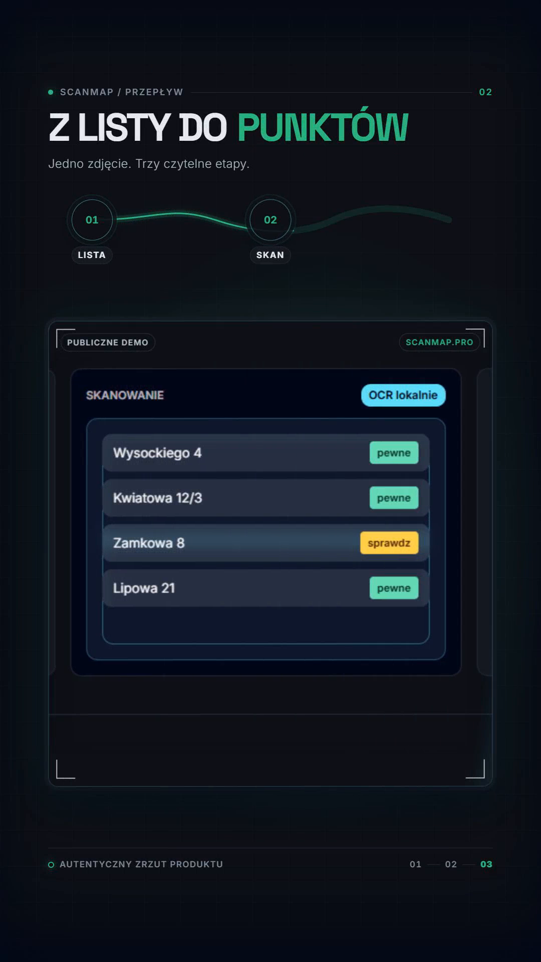 Lista adresów po skanowaniu w ScanMap, z pozycją wymagającą sprawdzenia